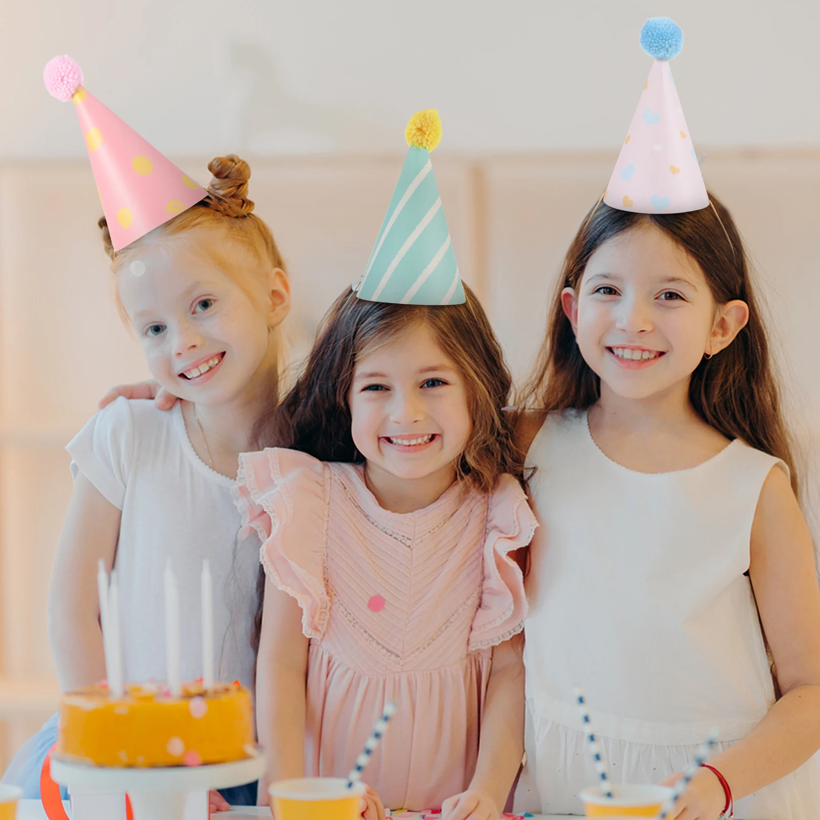

16pcs Birthday Hats Kids Birthday Party Cone Caps Patterned Festival Paper Caps Pompom Hats Party Headwear Carnival Supplies