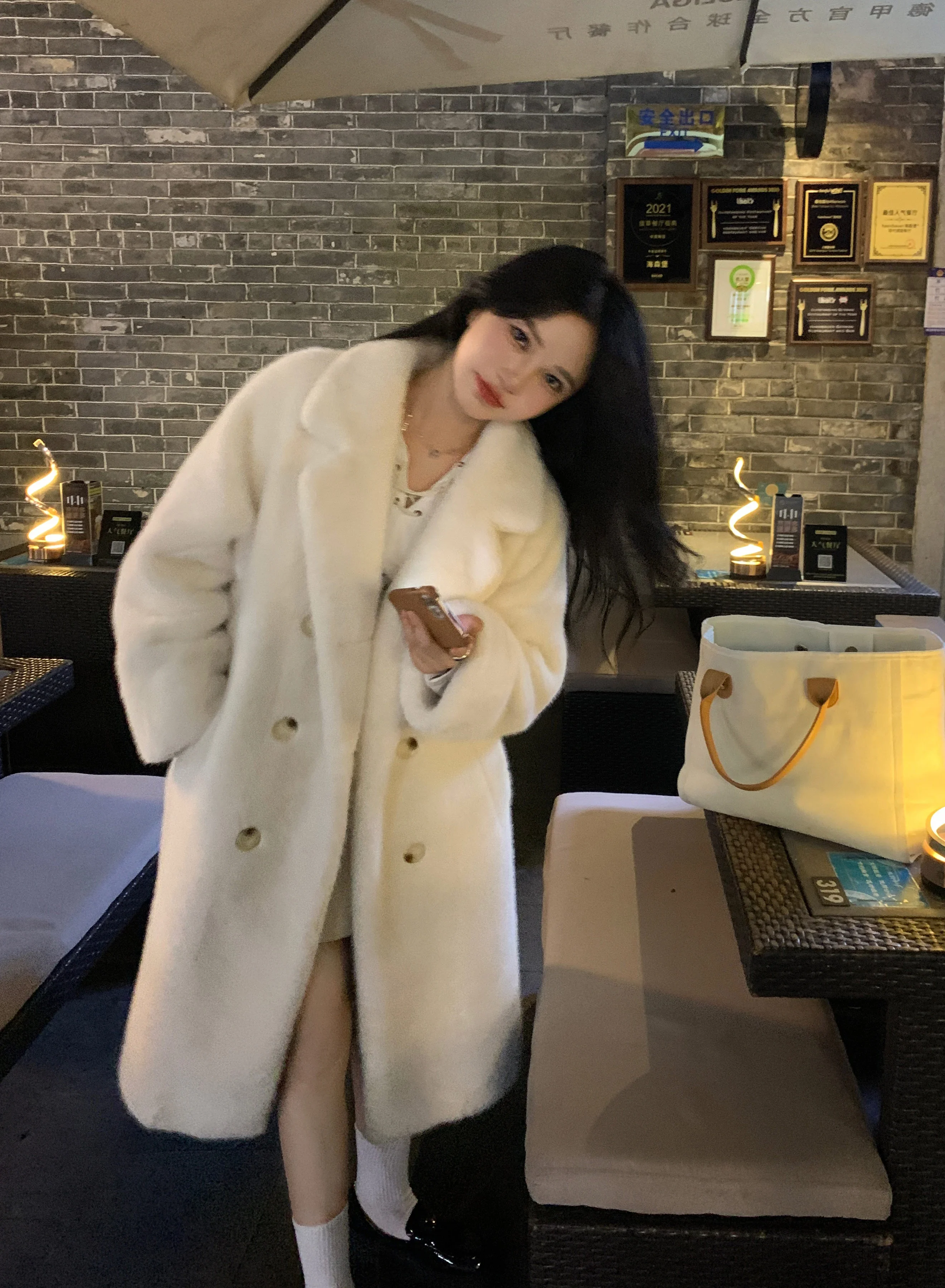 Autumn and Winter Mink Fur Trench Coat Women Thickened Double Breasted Turn Down Collar Long Jacket Korean Style Solid Coats