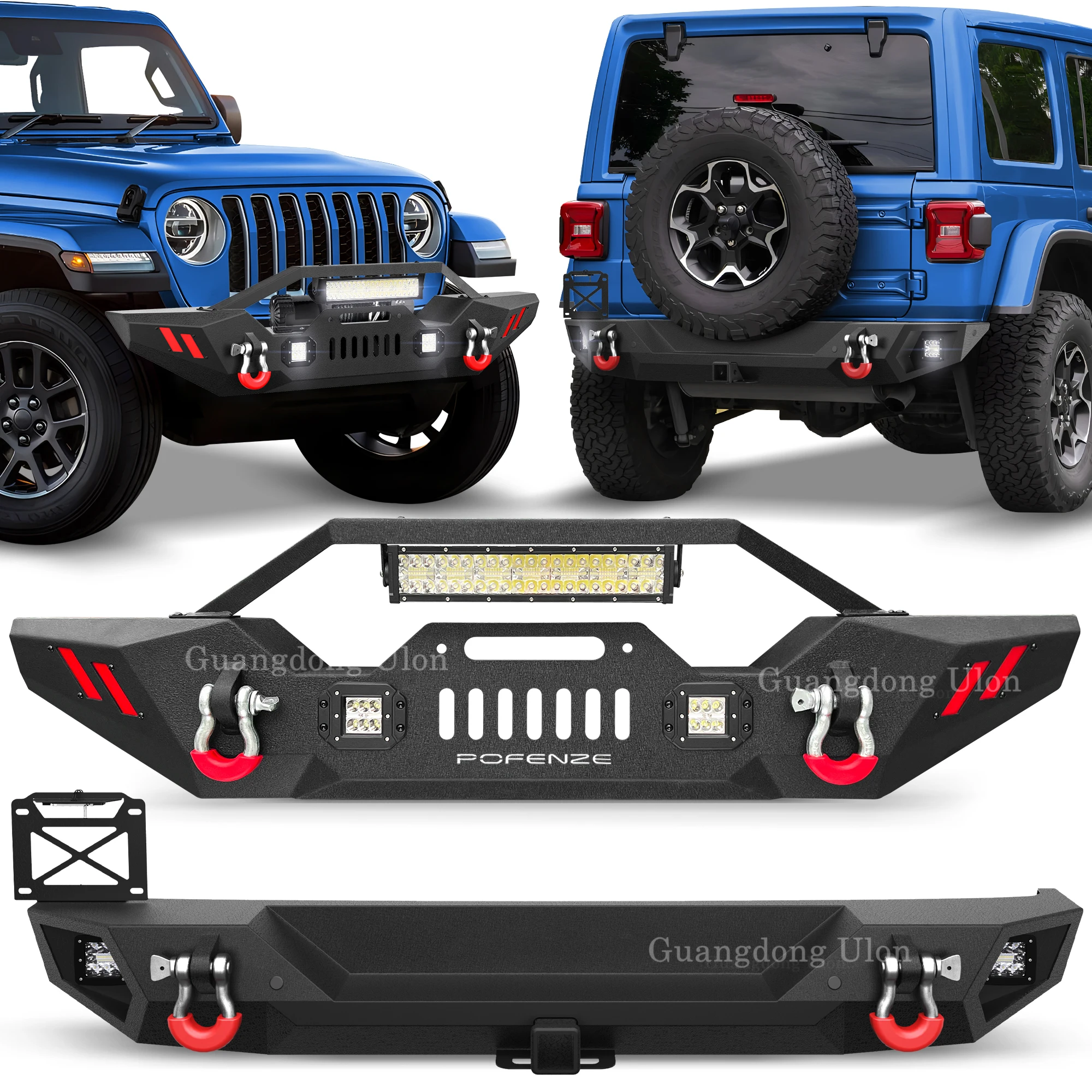 ULON Front And Rear Bumper For Jeep JL/JLU 2019 -2024 Textured Black With D-ring, Winch Plate And 144W LED Light Bar