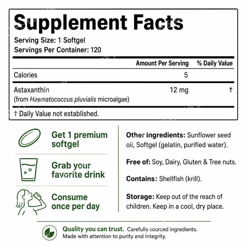 Astaxanthin 12mg Triple Strength Softgels, Antioxidant for Eye, Skin, Joint & Immune Health, From Haematococcus Pluvialis, 120ct