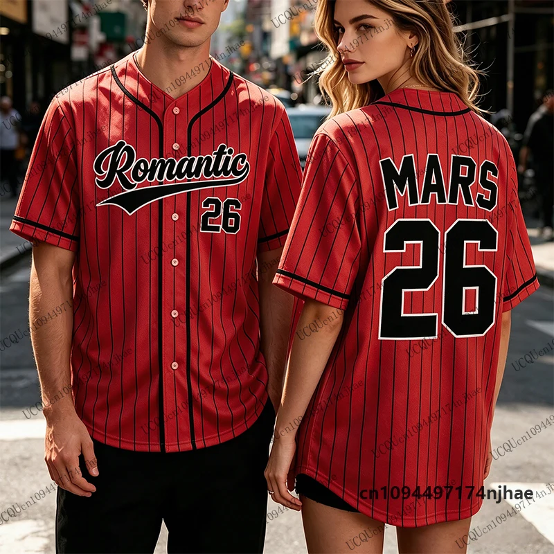 2026 New Romantic Tour Bruno Mars No.26 Print Blouse Women Men Streetwear Baseball Shirt Hip Hop Short Sleeve Button Up Tops