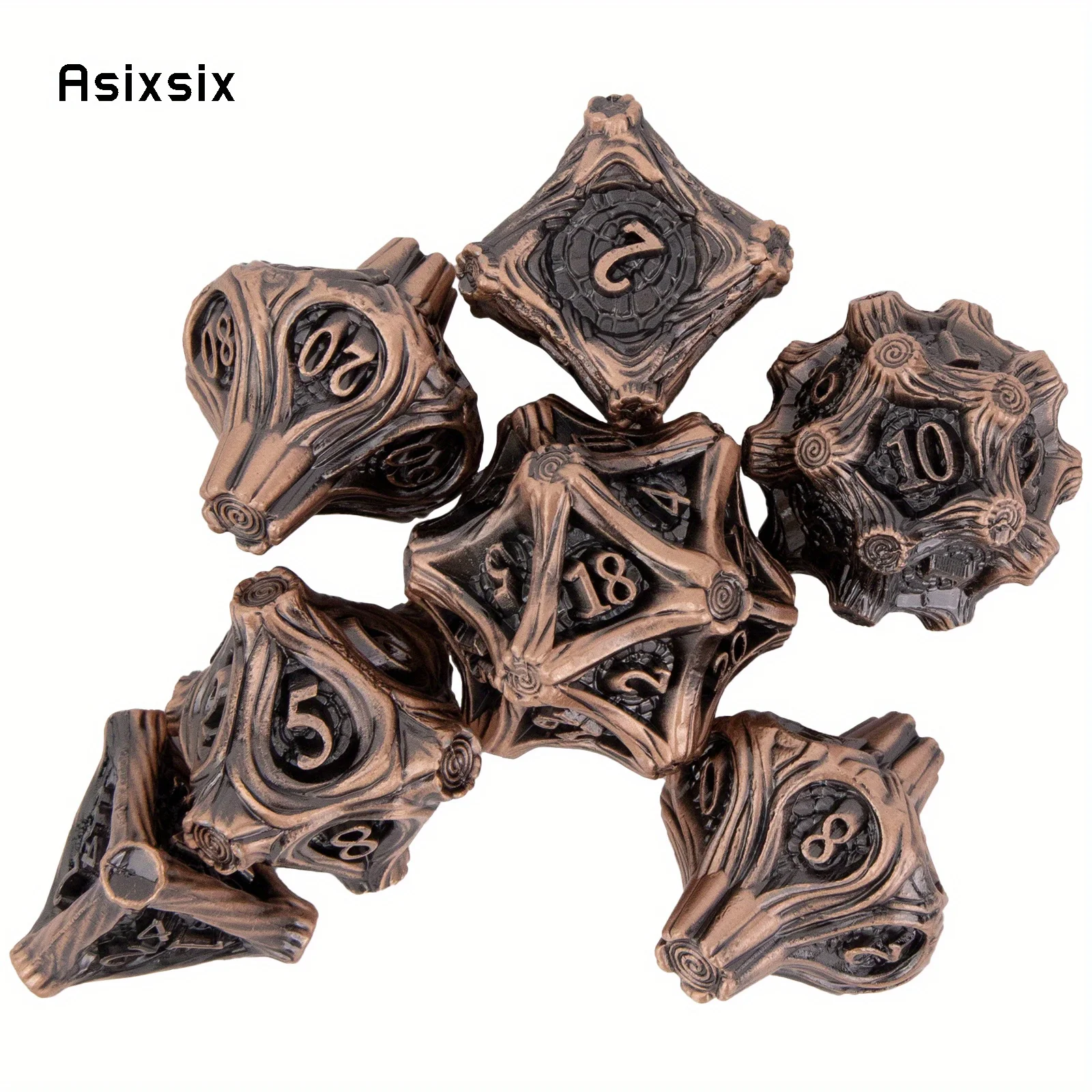 

7 Pcs Copper Tree Stump Root Metal Dice Solid Metal Polyhedral Dice Set Suitable for Role-Playing RPG Board Game Card Game