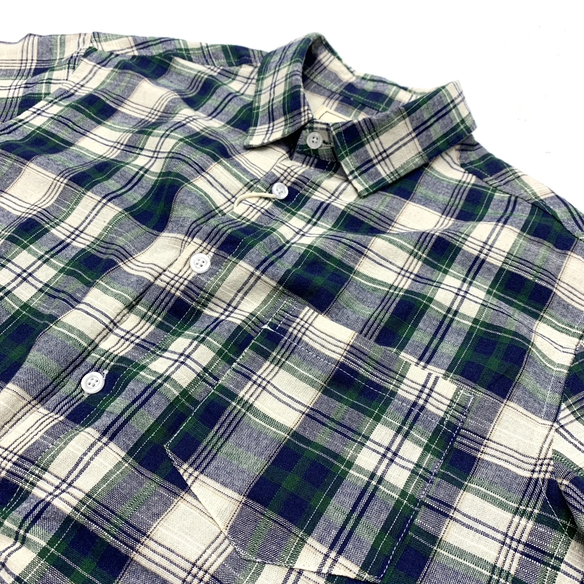 Letnia Nowa Japońska Retro Koszula Męska z Krótkim Rękawem, Kołnierzykiem, Kratą, z Bawełny i Lnu, Modna, Sprana, Wygodna, Codzienna Bluzka