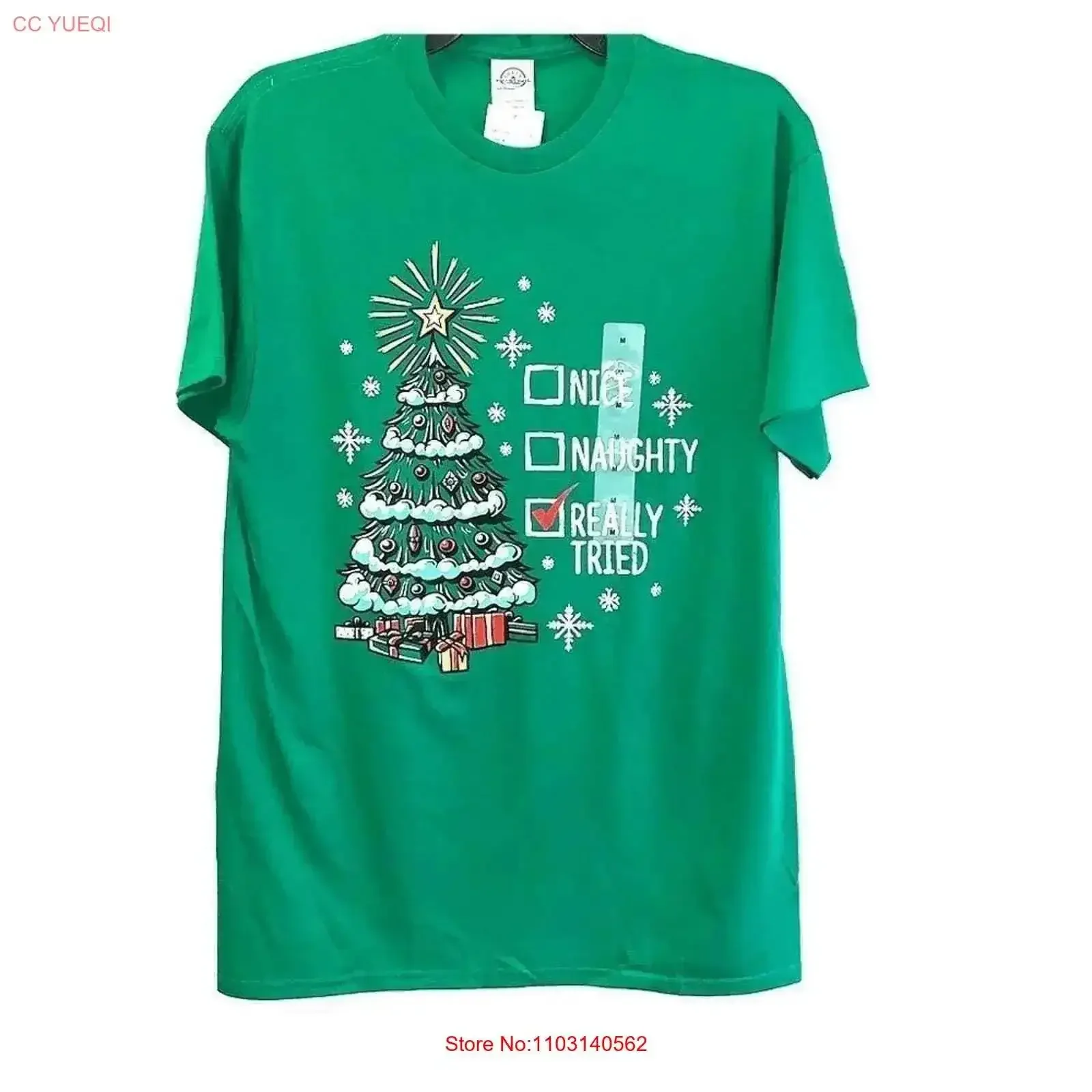Nice Naughty Really Tried Christmas Crew Neck T Shirt Medium Green Short Slv vintage Washed homme Breathable Versatile vintage
