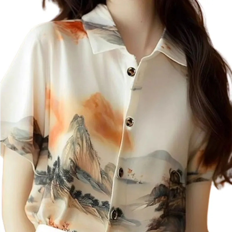 Elegant Fashion Harajuku Slim Fit Female Clothes Loose Sweat Casual All Match Printed Button Blouses Short Sleeve Women Shirt