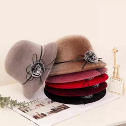 Elegant Old Women Dome Hat Big Flower Wool Ladies Hat Jazz Cap Fedoras Cap Women Bucket Hat Bow Bowler Autumn Winter Vintage