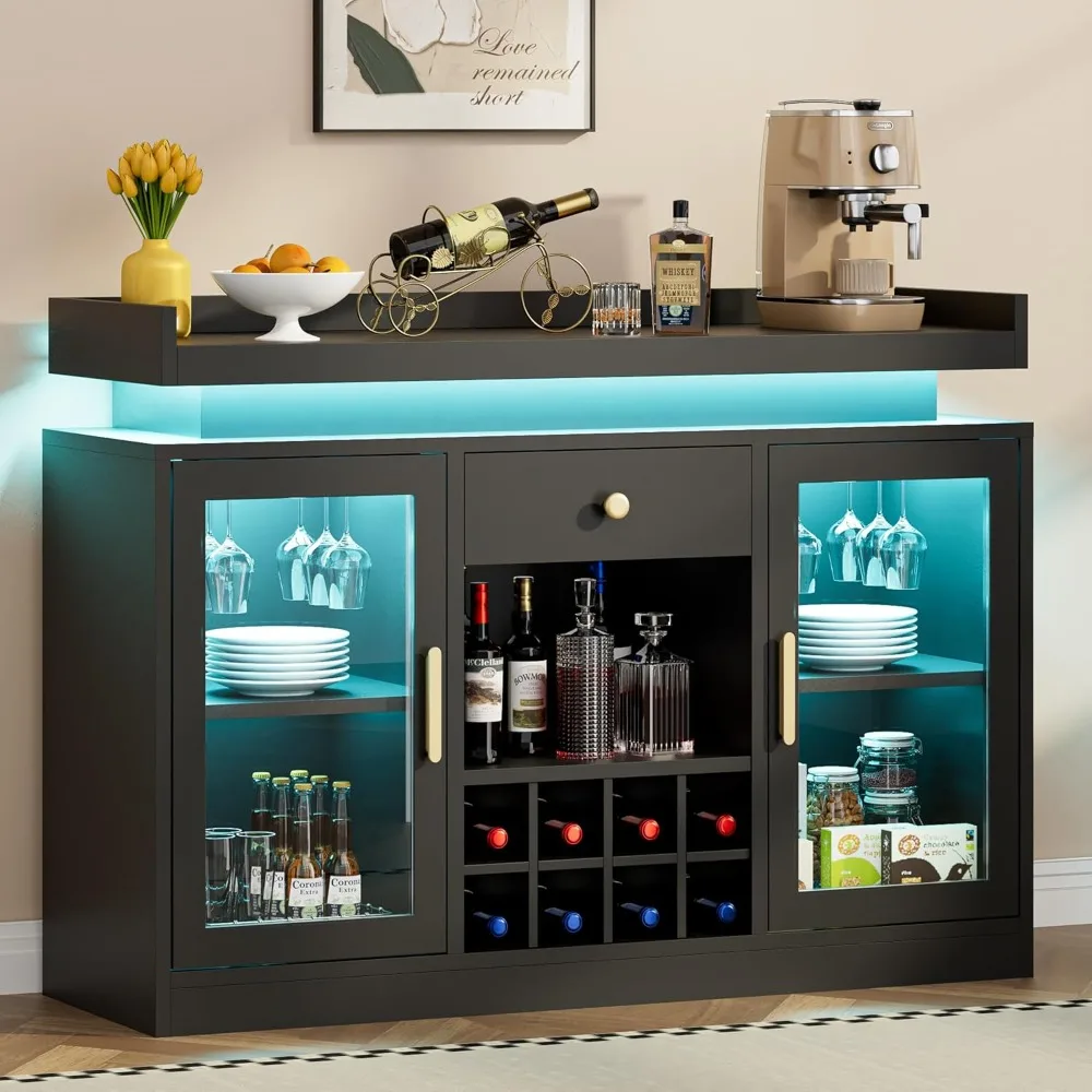 

Wine Bar Cabinet with LED Light, Home Coffee Cabinet with Wine and Glass Rack, Storage Shelves, 1 Drawer, Modern Freestanding