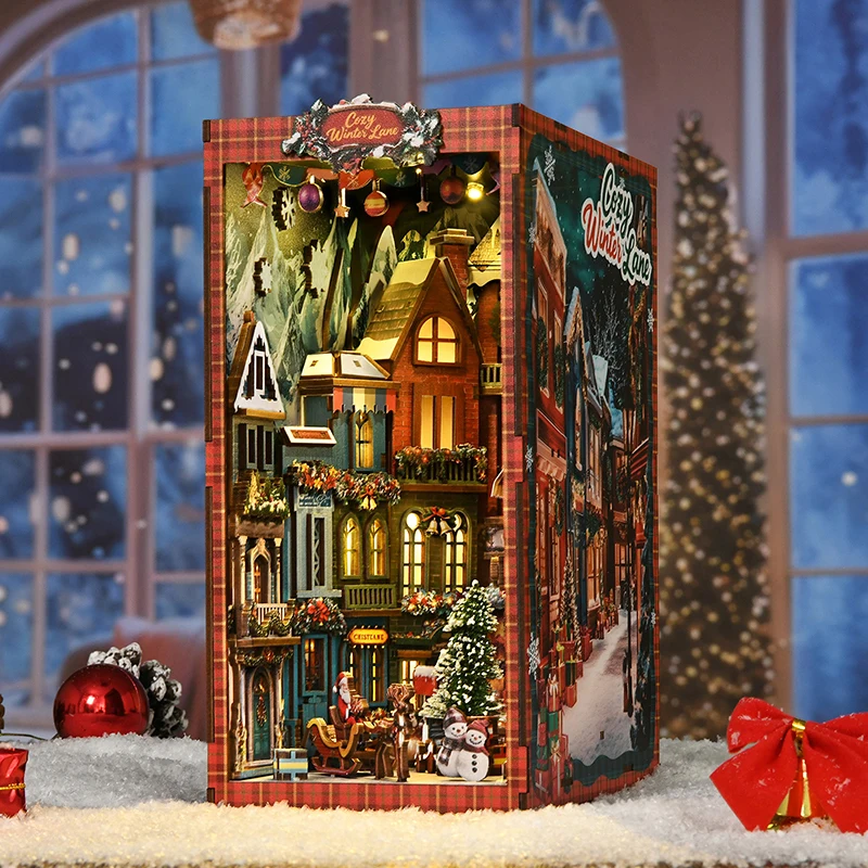 NUOVO libro fai da te Nook kit modello in miniatura in legno fermalibri ad angolo di strada di Natale puzzle 3D con libreria leggera per regali di amici