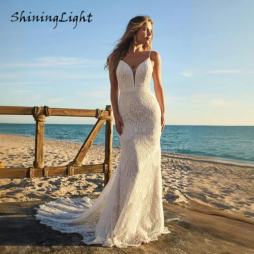 

ShiningLight Spaghetti Straps Bohemian Lace Wedding Dresses for Bride Vestidos Sleeveless Mermaid Bridal Gowns V-neck Customized