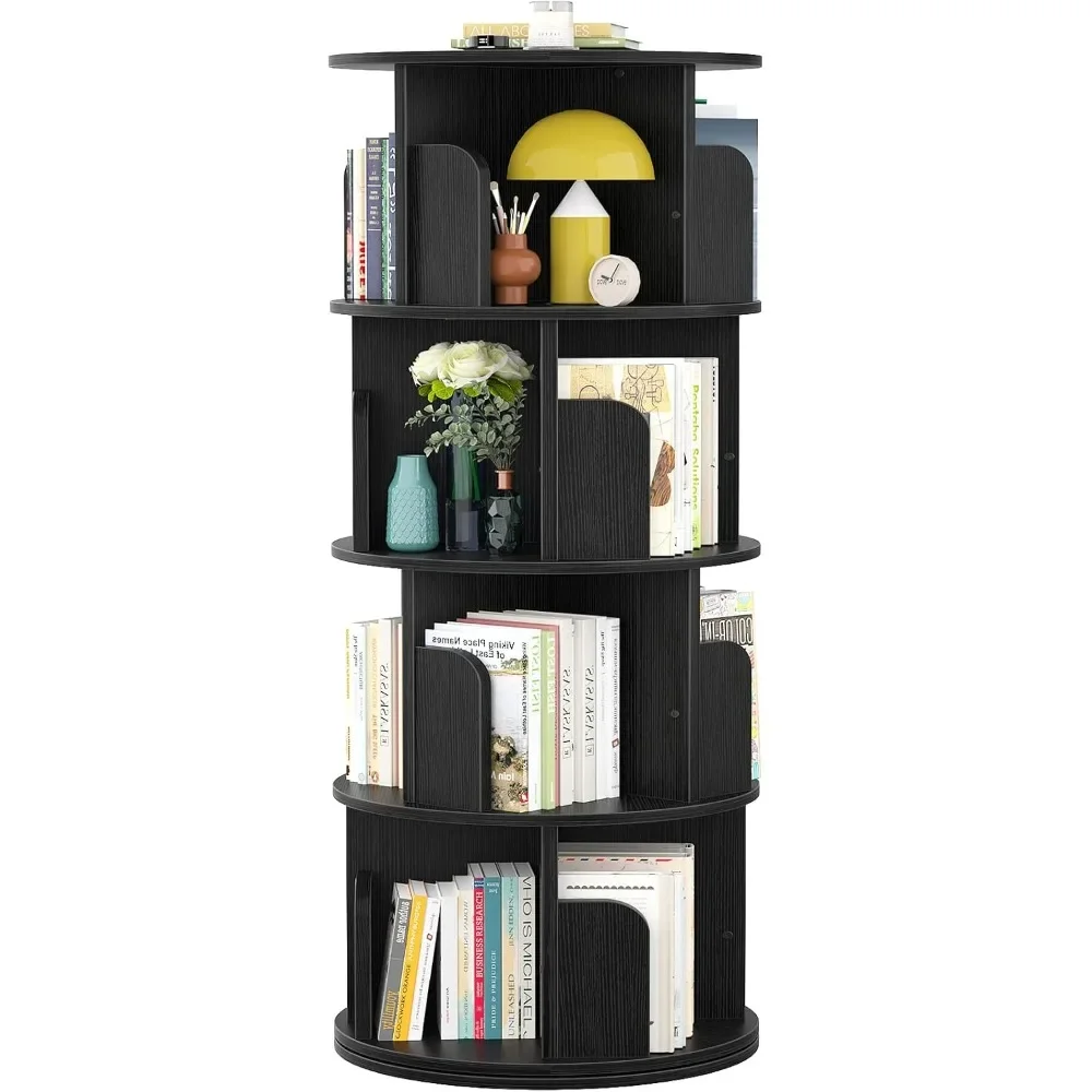 

360 Display Corner Bookshelf for Small Space, 4 Tier Floor Standing Bookcase Storage Rack, Wood Narrow Organizer for Bedroom