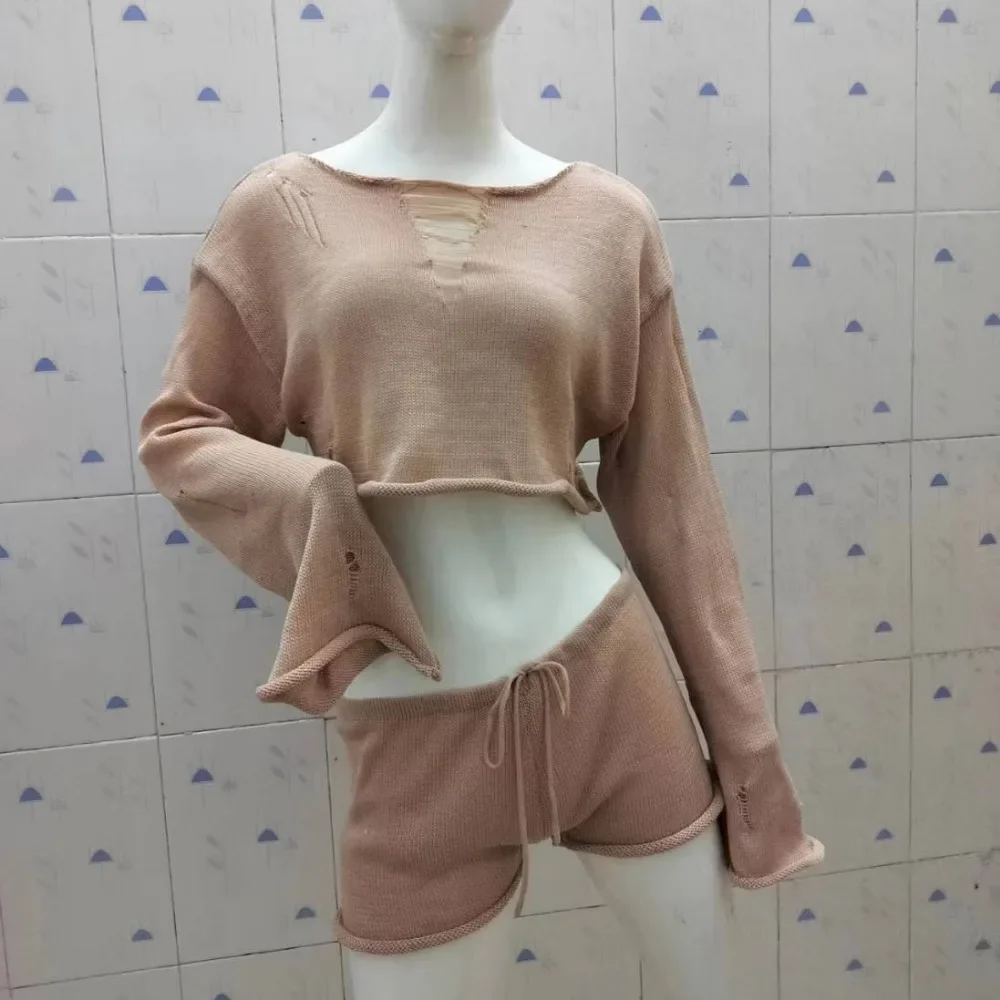 Chic Sexy Knit 2 Piece Set Women Long Sleeve Crop Tops Shorts Spring Summer Beach Cover Up Holiday Sunscreen Shorts Sets Outfits