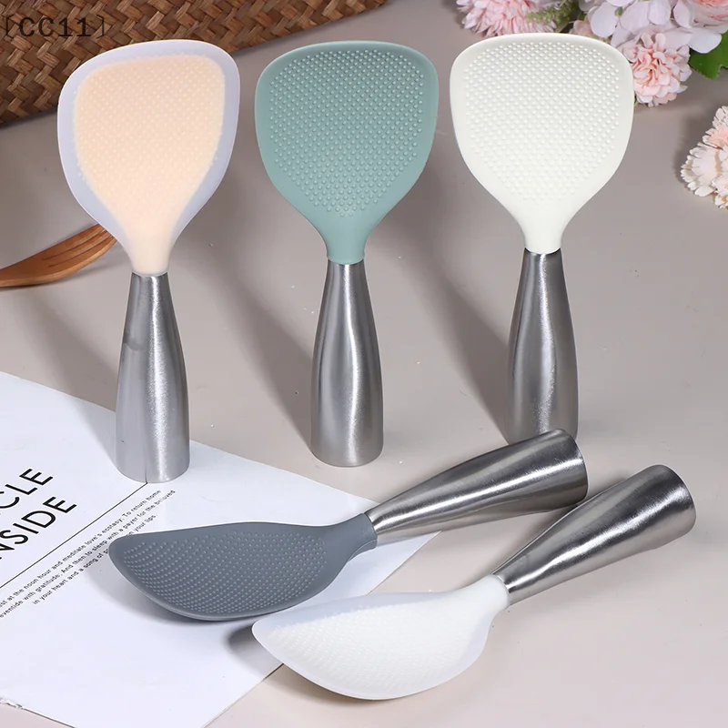 [CC11] 1個 シリコンスプーン ノンスティック調理スプーン ステンレススチールハンドル 火傷防止鍋用ライススプーン 耐久性のあるキッチンガジェット