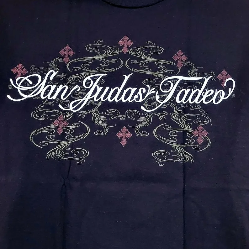 San Judas Tadeo T shirt Saint Jude Glitter Tshirt Medium, Black unisex top summer tee comfy religious top with glitter accents