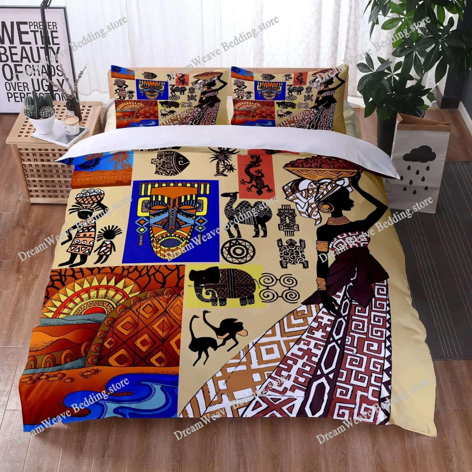 

African Woman Bedding Set Ethnic Afro Duvet Cover Microfiber African American Comforter Set 3 Pieces Orange Ancient Desert Full