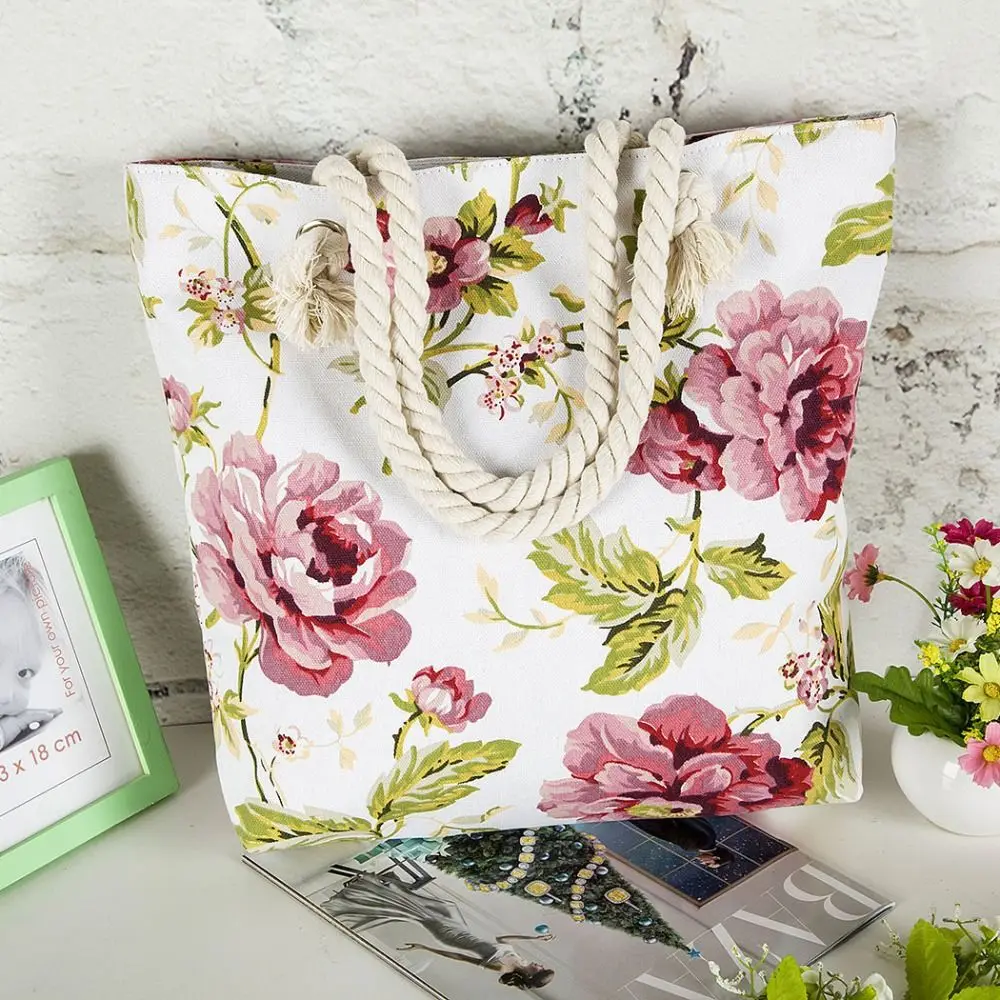 Bolsa dobrável de lona para mulheres, estampada de flores, sacola reutilizável, tamanho grande, bolsa de ombro graffiti para viajar