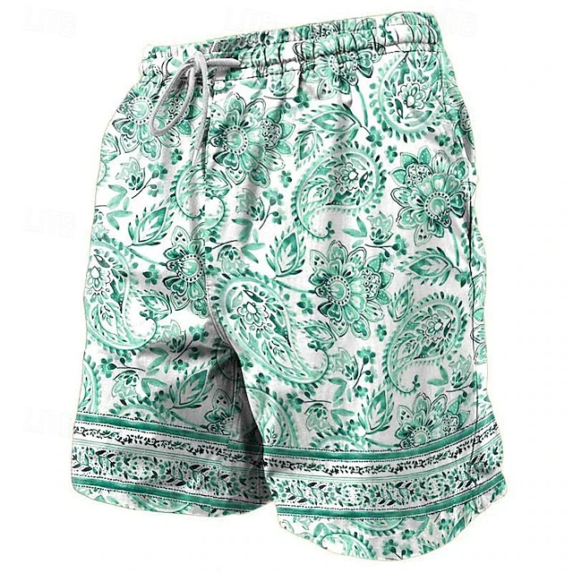 Harajuku Ethnic Style Stripe Shorts Men Vintage Floral Graphic Quick Drying Casual Shorts For Summer Holiday Travel Home Wear