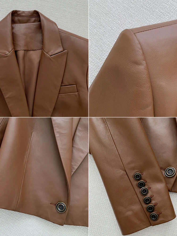 Nerazzurri Autumn Brown Cropped Leather Blazer Women Long Sleeve Single Button Spring Short Black Soft Light Faux Leather Jacket