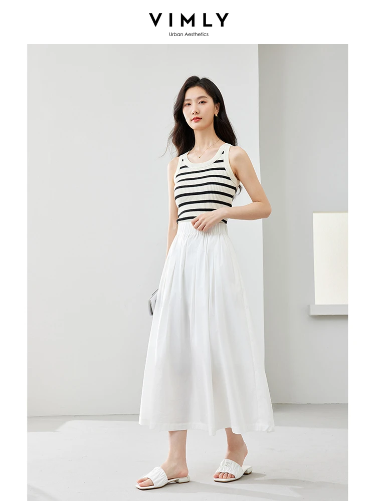 VIMLY Women Simple Commuter White Bustier Skirt 2024 Summer New Solid Versatile  A-Line Elastic  Waist Umbrella Skirt M7108