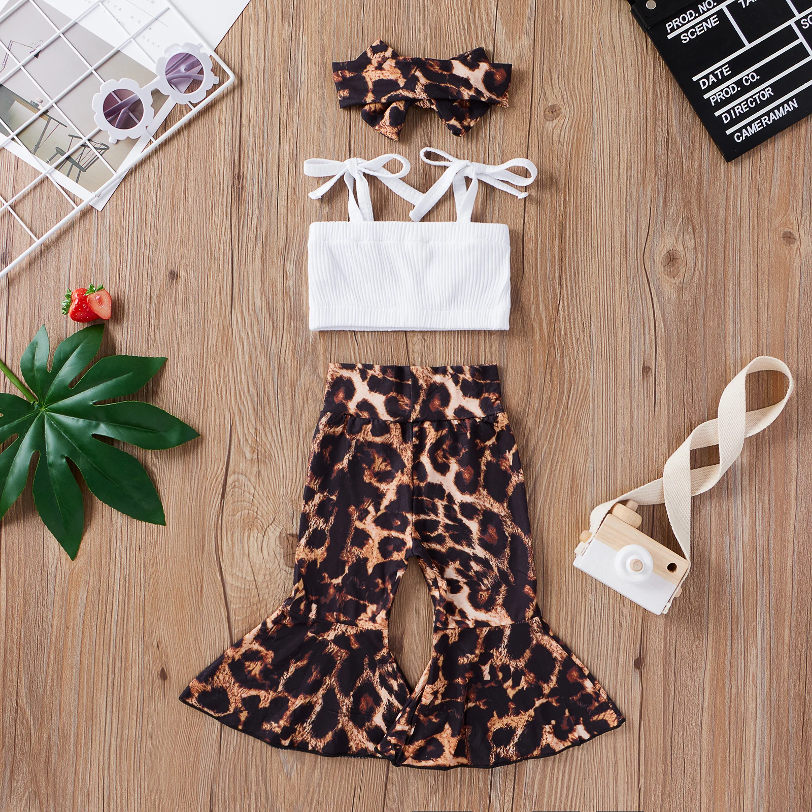 3PCS summer European and American style girls solid color halters top plus sexy leopard print flare trouser suit