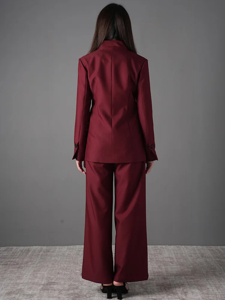 DEAT Fahion Wine Red 2 Pcs Set Women's Irregular Single Breatsed Split Jacket High Waist Straight Pant Suit Spring 2025 New