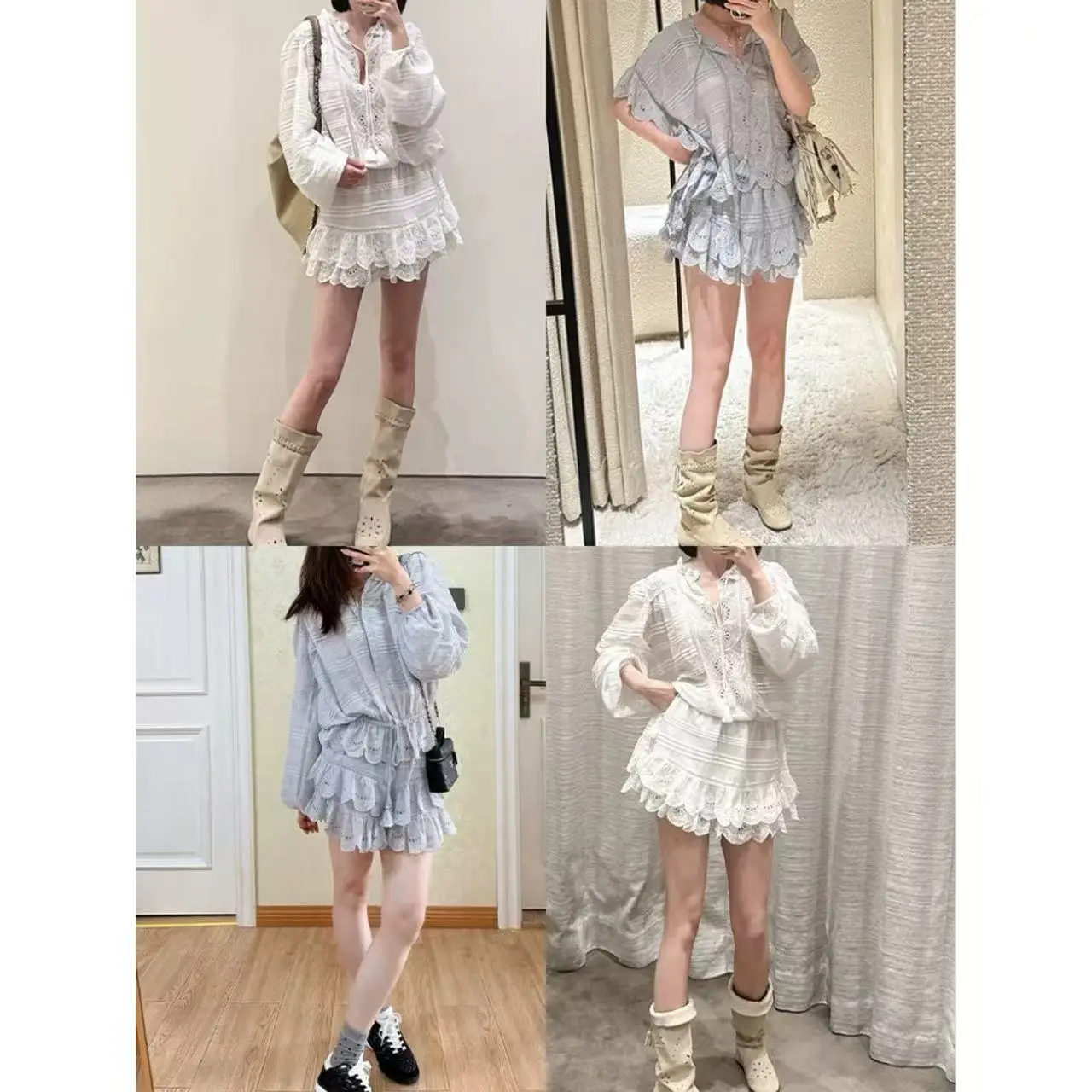 

Isa Fairy Series Shirt Dress Pants Spring 2026 Loose Hollow out Cotton Short Sleeve V-neck Women's Comfortable Breathable Flo...