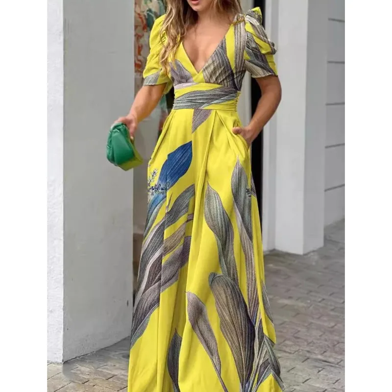 Women's New Summer Fashion Printed Jumpsuits Sexy V-Neck Wide Leg Pants Outfits Casual Temperament Elegant Long Pants Jumpsuits