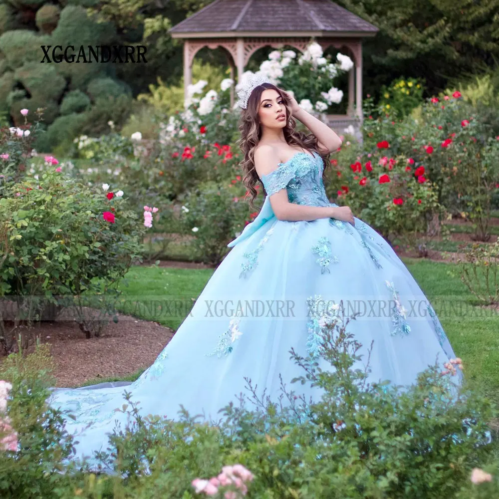 Vestido azul De tul para quinceañera, traje con escote Corazón, hombros descubiertos, lazo mexicano, para fiesta De cumpleaños De niña, 2024