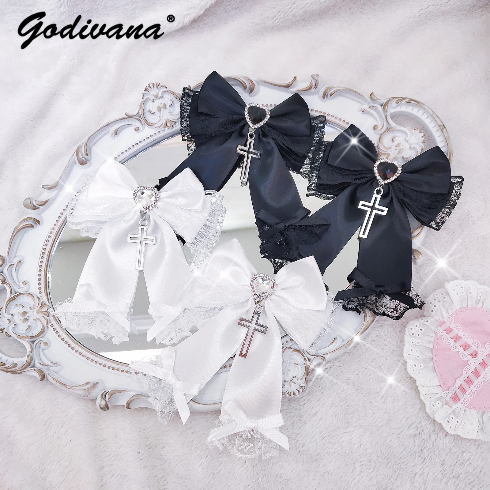 

Original Japanese Mine Mass Production Love Rhinestone Lace Bow Side Clip Women Girls Lolita Cross Hair Clips Cute Headwear