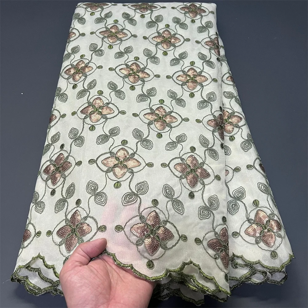 

Новинка 2025 года, африканский нигерийский гипюр, вышивка, тюль, кружевная ткань с блестками, высокое качество для шитья платьев, 5 ярдов, ZJ055