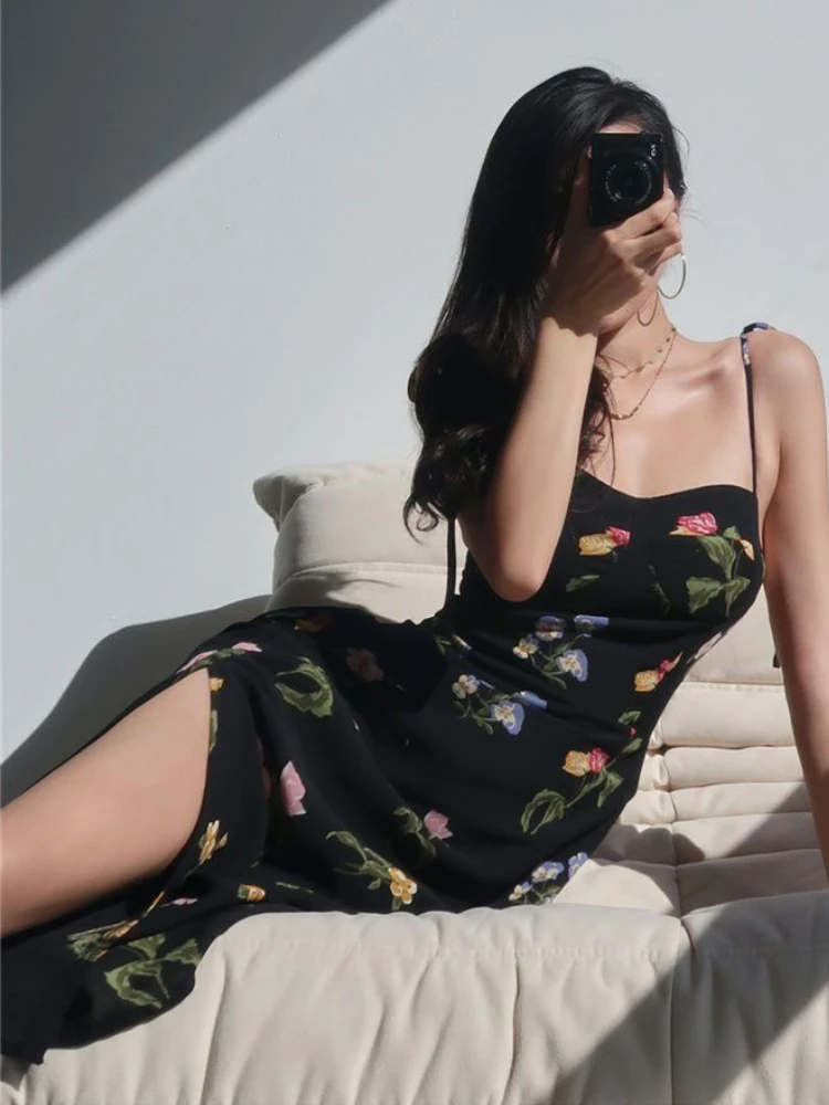 Midi Dress Women Sleeveless Sexy Summer Elegant Lady Printed Backless Design Vintage Temperament Trendy Korean Sundress Holiday