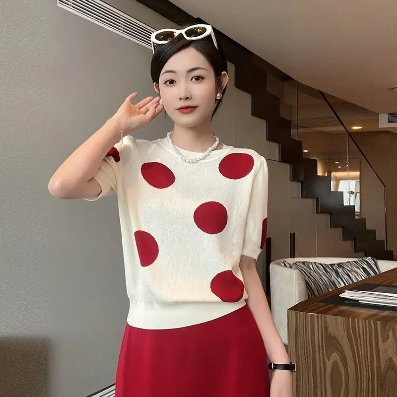 

Trendy Polka Dot Ice Silk Sweater Summer Thin Luxury Temperament Pullover Base Shirt O Neck Pullover Age-reducing Top T Shirts