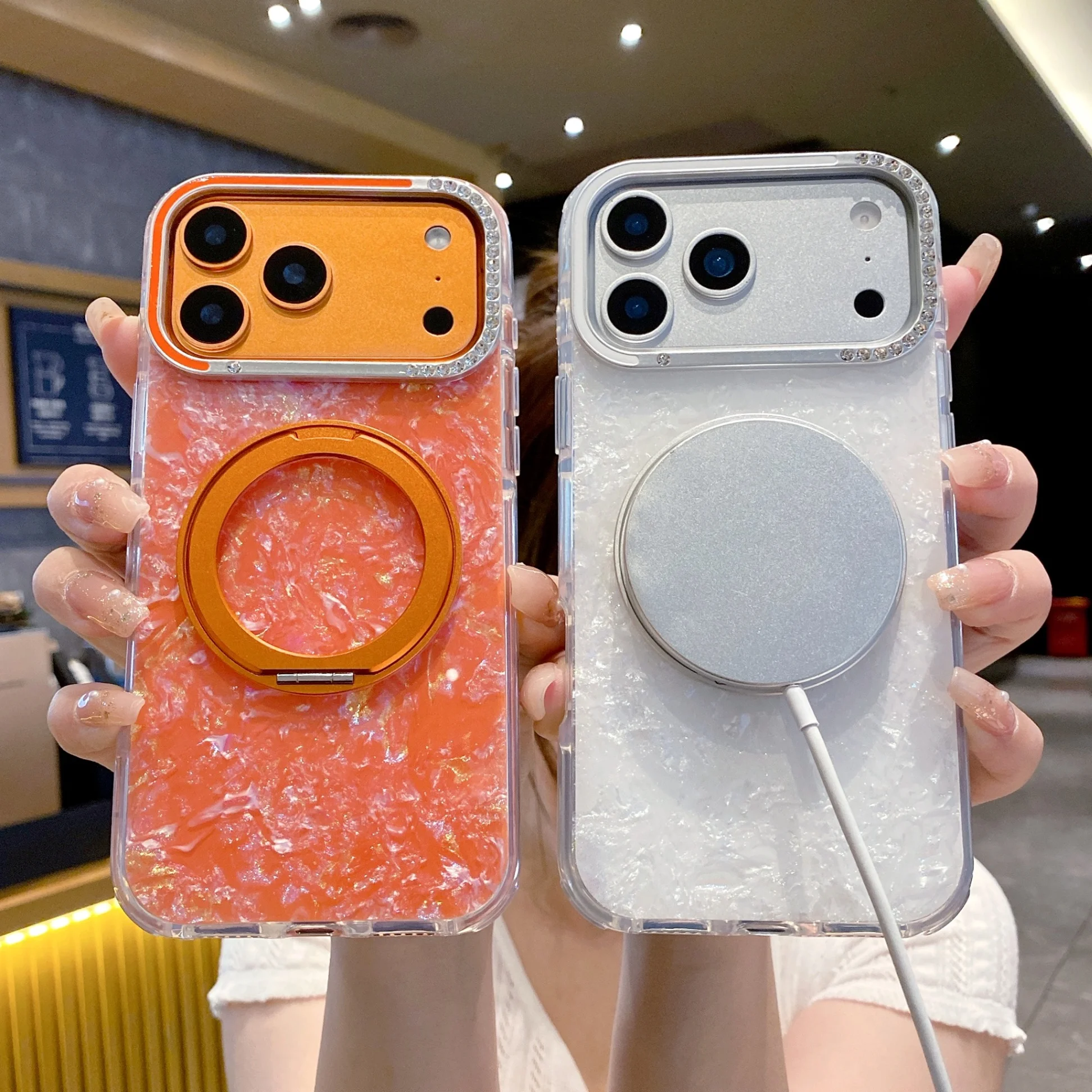 حافظة هاتف لامعة على الموضة الفاخرة مع حلقة مغناطيسية الماسية حامي الكاميرا MagSafe غطاء آيفون 17 16 15 14 13 #2