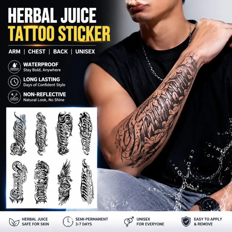 Waterproof Long Lasting Arm Temporary Tattoo Stickers Non-reflective Semi Permanent Body Art Decals for Men Women Decorate