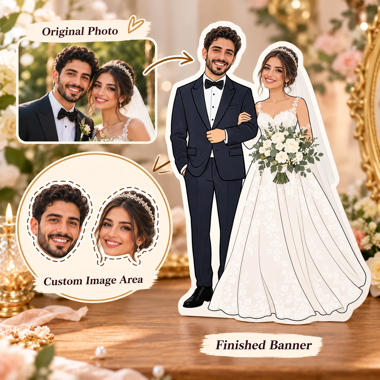 Custom Full Body Wedding Bunting Personalized Paper Photo Banner Cartoon Couple Decor for Bridal Ceremony Reception Party Favor