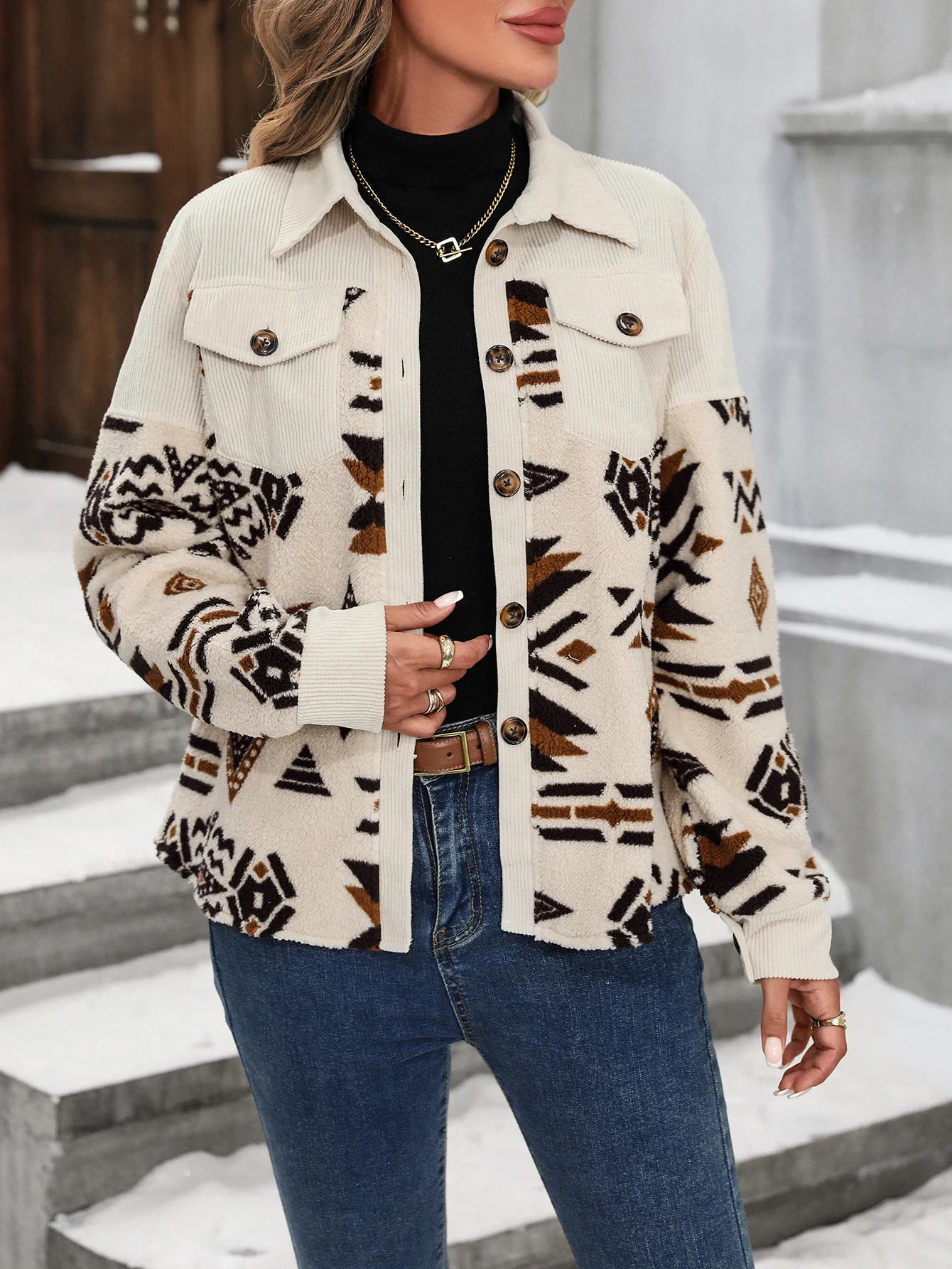 

Retro ethnic style geometric print jacket Corduroy patchwork imitation lambskin lapel shirt top jacket