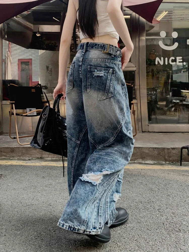2026 Cyber Y2K Streetwear Washed Blue Baggy Women's Ripped Stacked Jeans Pants For Woman Clothing Straight Gothic Denim Trousers