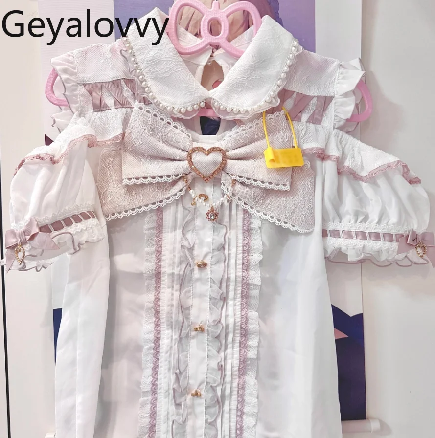 

Lolita Japanese Style New Off-Shoulder Blouse Pearl Collar Versatile Top Summer Cute Sweet Girls Big Bow Short Sleeve Shirt