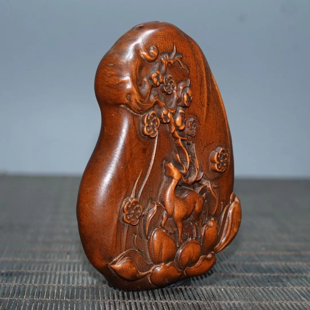 Hand Carved Wood flower Divine Deer Talisman Statue Figurine Desktop Ornaments Home Decoration Crafts Tea Pet Decor