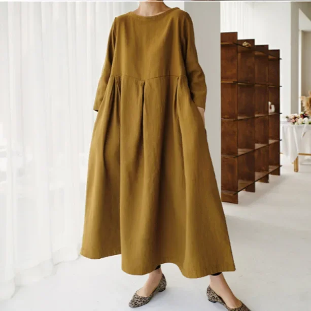 Spring Summer 2024 Plus Size Loose Fit Cotton Linen Dress Elegant Round Neck Long Dress Women's Pullover Trendy