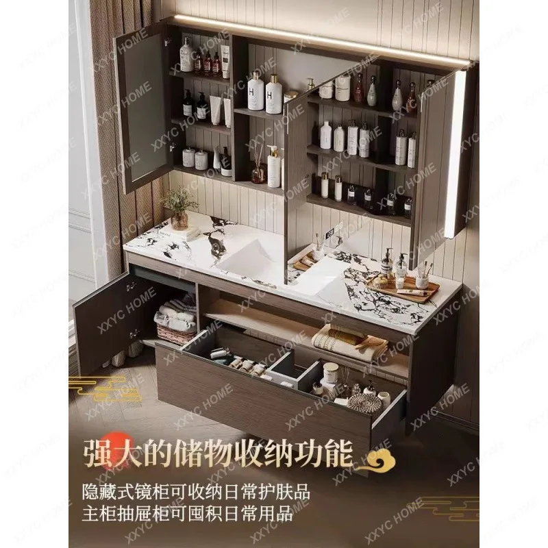LChinese bathroom cabinet oak combination bathroom rock slab seamless integrated ceramic wash basin