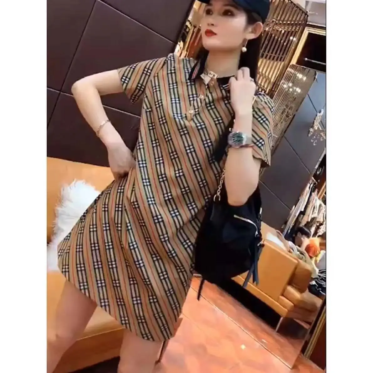 Polo collar plaid dress casual belly covering age reduction popular short-sleeved skirt in spring and summer 2023