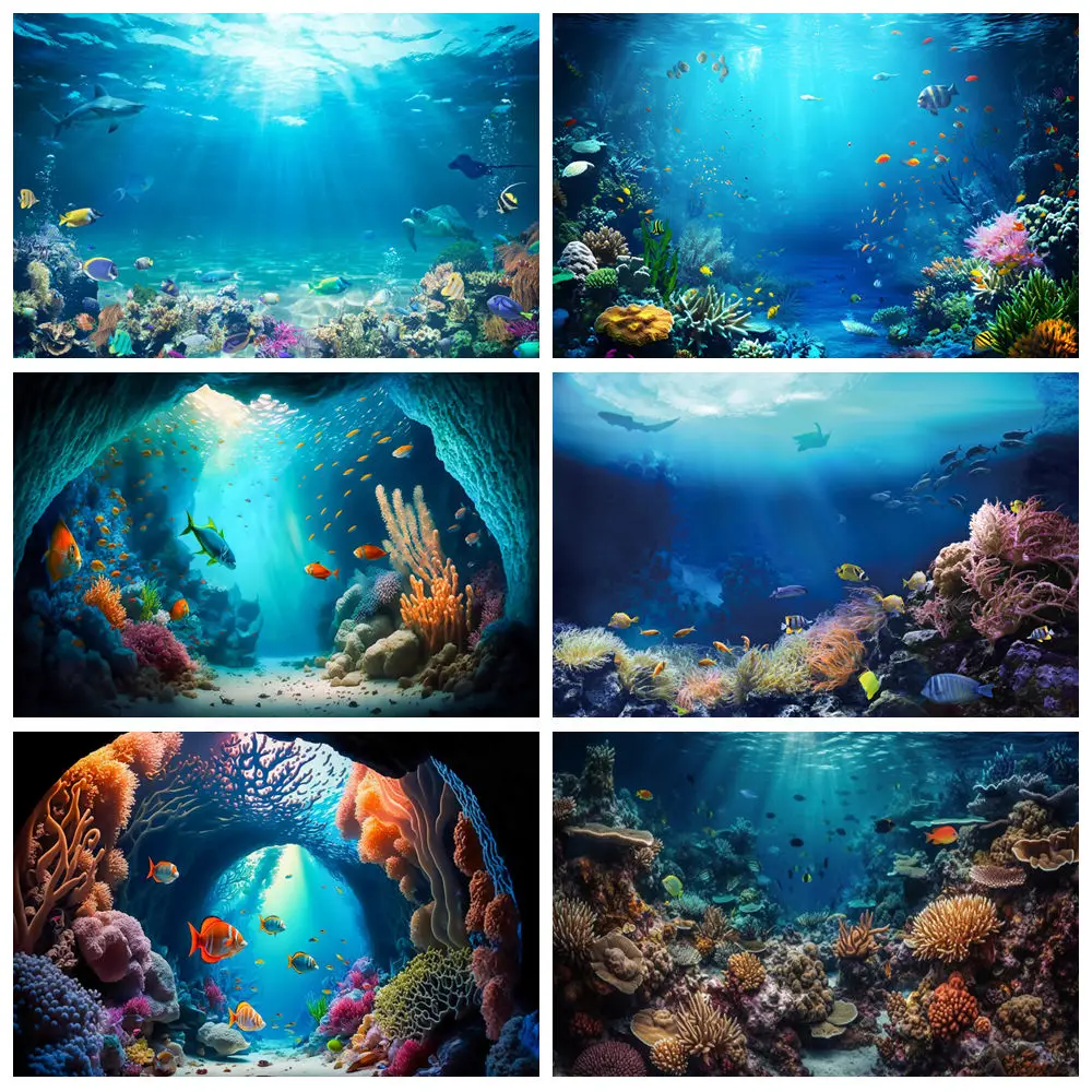 Underwater Ocean World Photography Backdrop Fish Sunlight Undersea Coral Dolphin Aquarium Baby Birthday Party Photo Background