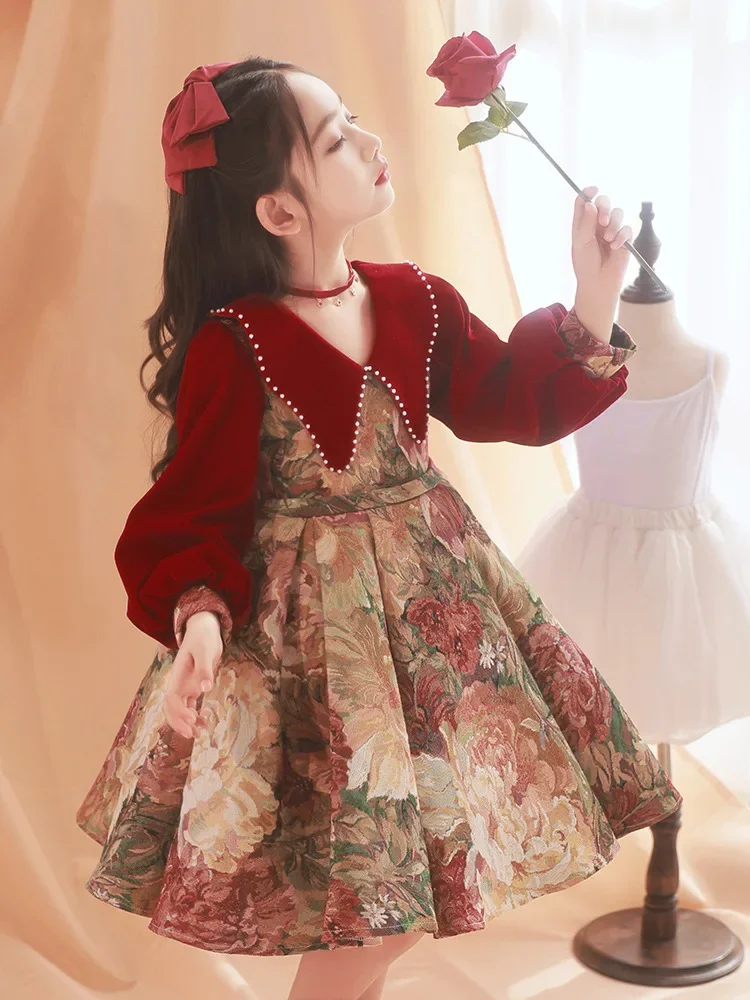 

Baby Princess Vintage Ball Gown Tulle Children Puff Sleeve Kids Pearl Wedding Party Birthday Girls Tutu Dress For Eid