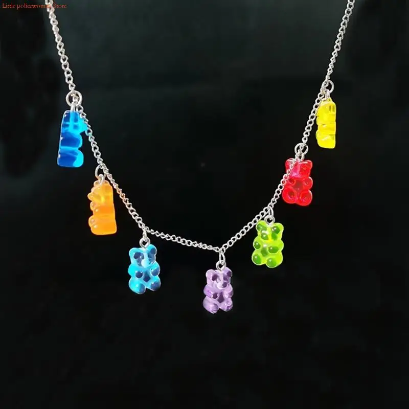 F92D Charm Necklace Resin Gummy Cartoon Bear Link Chain Pendant Necklace for Girls