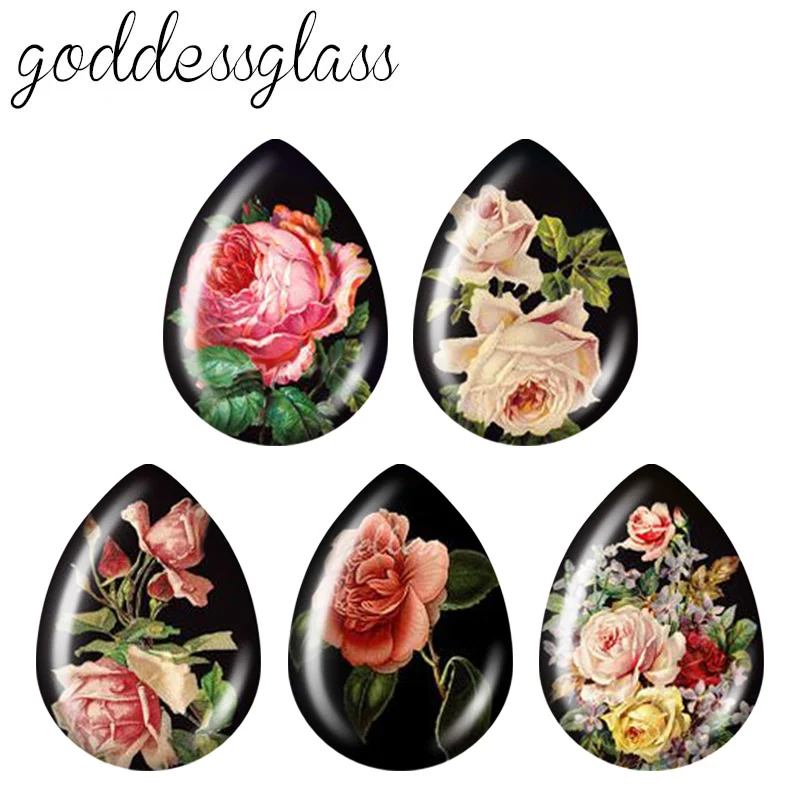 5pairs Black style Flowers Rose lily Elegant teardrop shape photo Glass cabochon flat back For DIY Jewelry base Making Findings