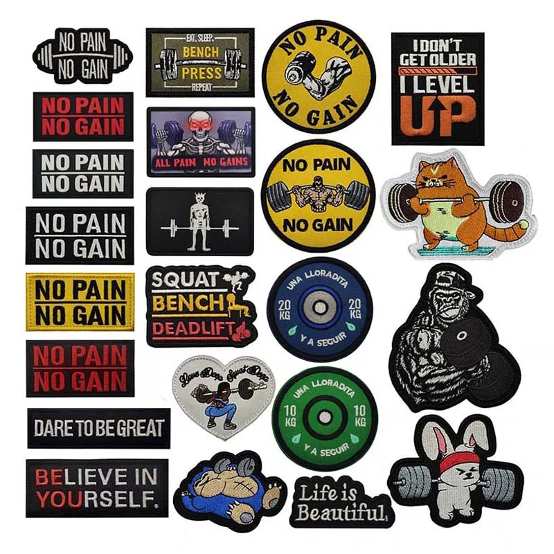 No Pain No Gain,Fitness Morale Badges,Bench,Press,Deadlift Weightlifting Clothes Applique Tactical Emblem Embroidered Patches