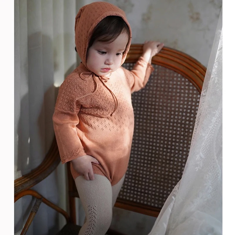 秋のベビーボディスーツ服固体長袖ニット新生児男の子女の子ワンピース帽子衣装-0-24-メートル幼児-netural-衣装ロンパース