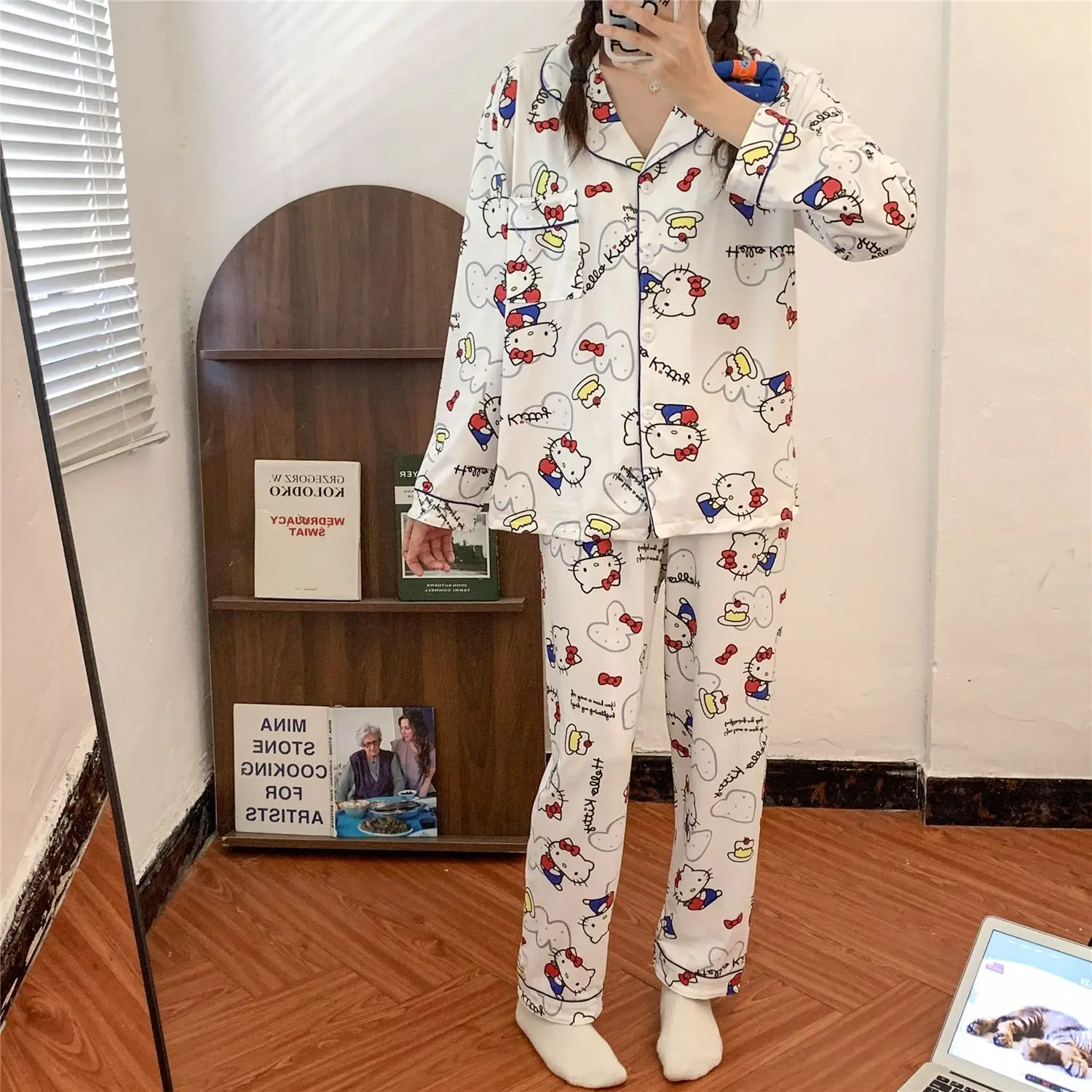 

Женский пушистый кардиган Hello Kitty, осень-зима 2022, японский милый стильный пижамный комплект, кавайная одежда для дома, уютная домашняя одежда