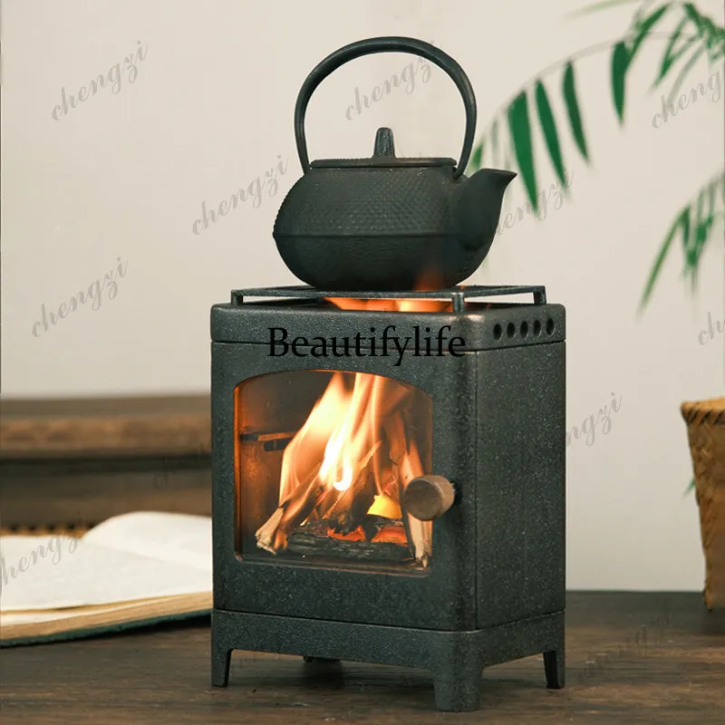 Tabletop view stove miniature, charcoal stove, warm tea, outdoor tea making, small firewood, barbecue stove