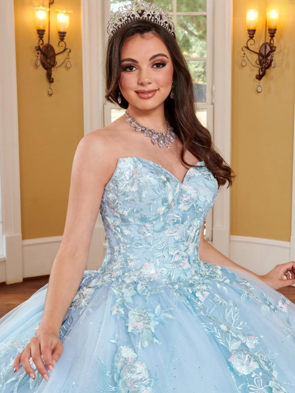 Vestidos de baile de quinceañra azul cielo, Mangas desmontables, apliques de lentejuelas brillantes largas de princesa, dulce vestido 16